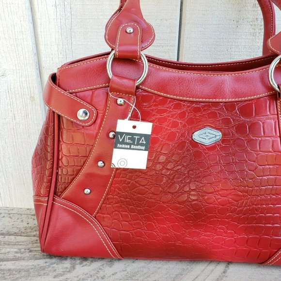 NWT Vieta Red Crocodile Faux Leather Handbag Bag - Picture 4 of 6